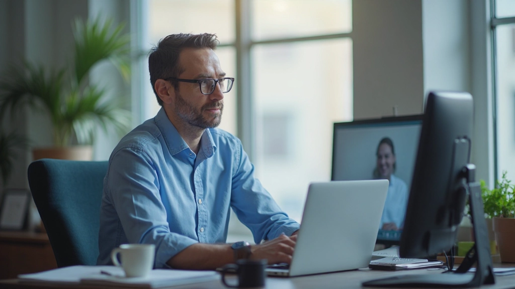 Лидер проводит виртуальную встречу с командой через видеоконференцию