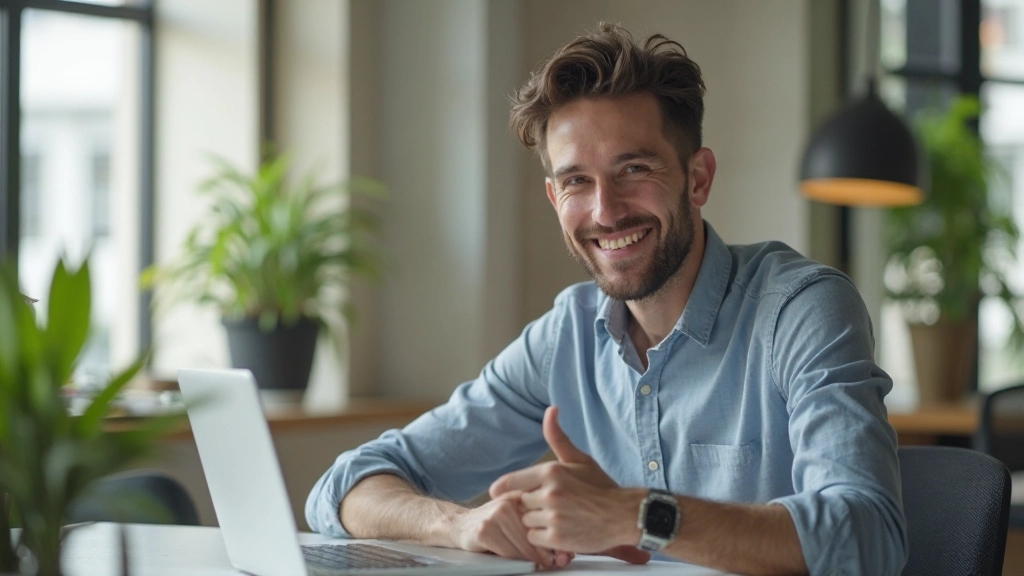 Сотрудник улыбается и работает за ноутбуком в офисе, поднял большой палец в знак успеха