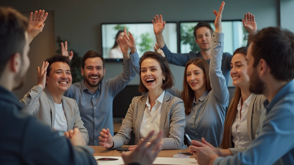 Команда участвует в виртуальном праздновании успеха на видеоконференции